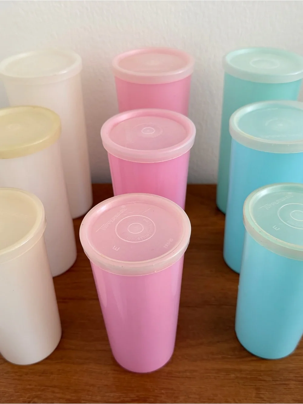 Set of Vintage Pastel Tupperware Pop-Top Containers - Pink, Blue, Cream